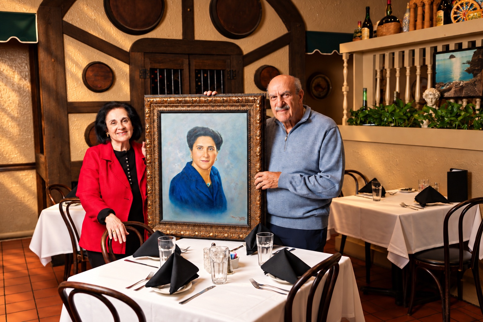 The Marino family with a portrait of the restaurant's founding matriarch